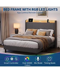 gaomon Bed Frame with Charging Station and Led Lights, Modern Platform Bed with Wooden Slats, Upholstered Headboard