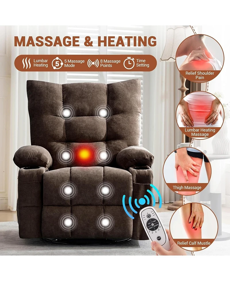 gaomon Swivel Recliner Chair with Massage & Heat for Elderly Adults,Oversized Ergonomic Lounge Single Sofa,360° Rotating Rocking Chair