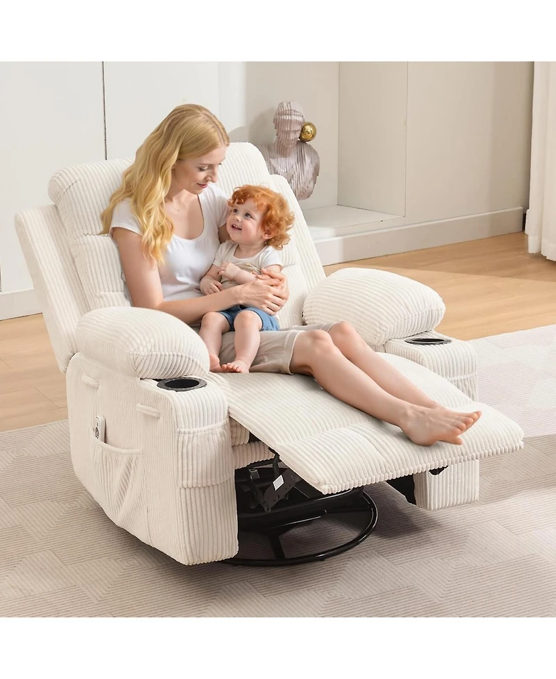 gaomon Nursery Recliner Chair, Oversized Corduroy Manual Glider with 360° Swivel, Rocking, Massage & Heat