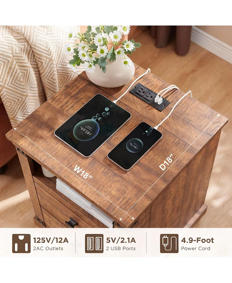 Yigii Rustic Nightstand with Charging Station & Storage