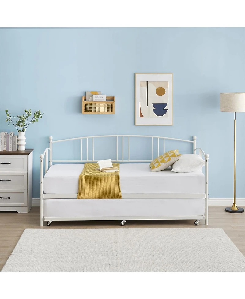 gaomon Twin Daybed with Trundle, Metal Daybed with Pullout Trundle and 6 Casters, Steel Slat Support Sofa Bed for Living Room, Bedroom, Guest Room