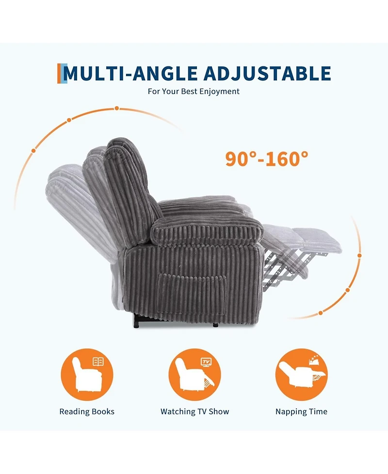 gaomon Corduroy Recliner Chair, Manual Recliner Sofa with Handle, Pillow Top Arms, Thick Padding, Side Pocket, 330Lbs Capacity