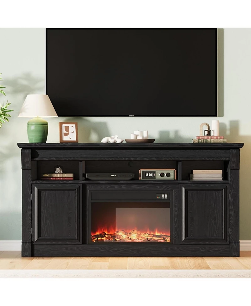gaomon 58" Farmhouse Wood Fireplace Tv Stand with Open Storage Cabinets Entertainment Center for TVs up to 75"