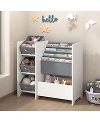 Rainsken Wooden Bookshelf, 4 Tier Kids Book Display Unit with 3 Collapsible Fabric Drawers, Toy Storage Organizer for Playroom and Nursery