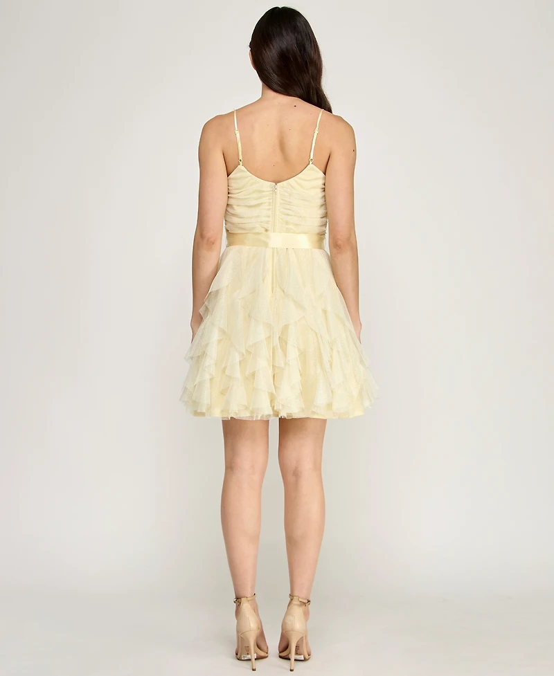 pear culture Women's Glitter Mesh Spaghetti Strap Short Dress