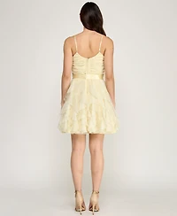 pear culture Women's Glitter Mesh Spaghetti Strap Short Dress