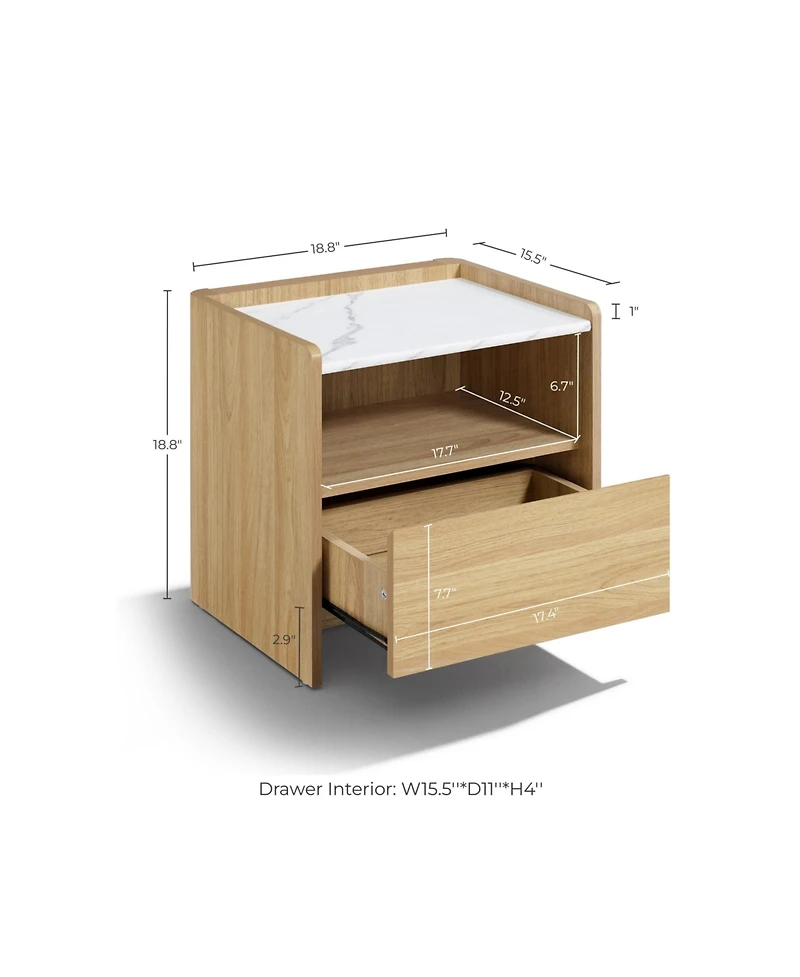 LuxenHome Hazel Oak Nightstand & End Table with Storage, Raised Sides, Faux Marble Top, Durable Manufactured Wood