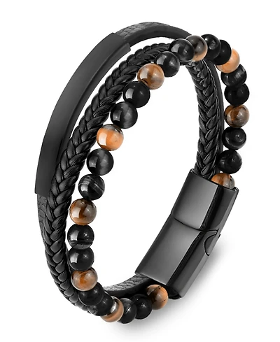 Rhona Sutton Men's Varen Cuff Tigers Eye Leather Bracelet in Stainless Steel