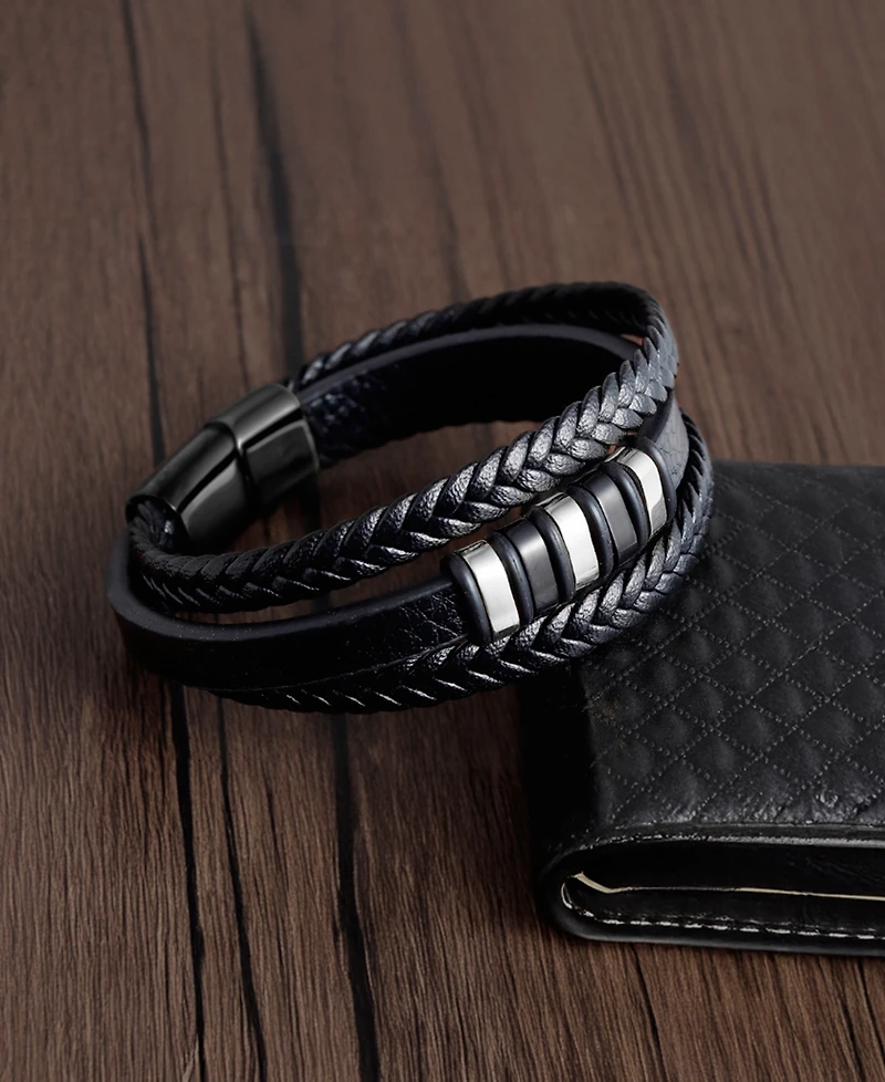 Rhona Sutton Men's Valente Cuff Leather Bracelet in Stainless Steel