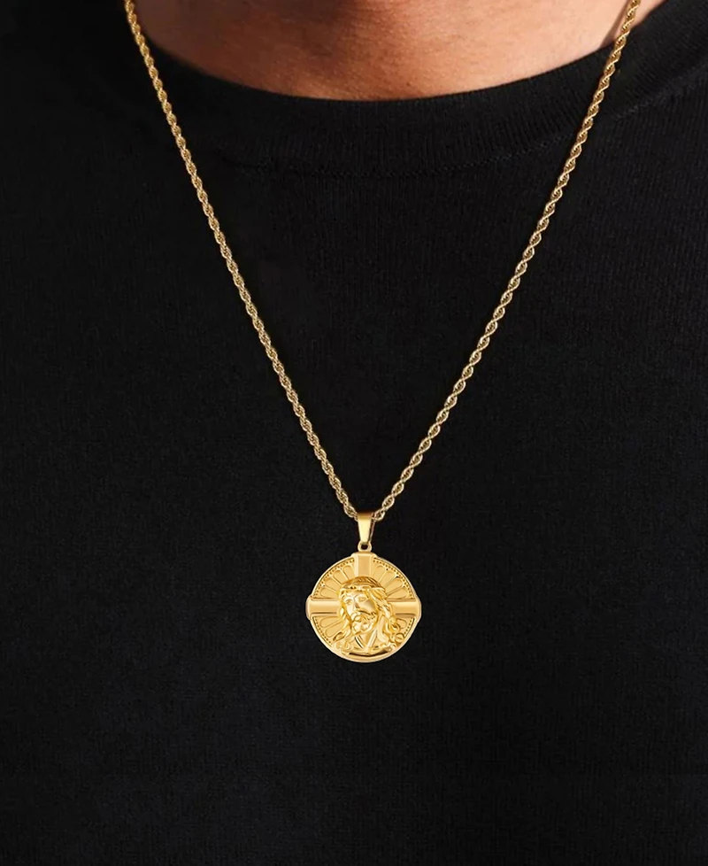 Rhona Sutton Men's Jesus Cross Coin Pendant 18k Gold-Plated Stainless Steel Necklace