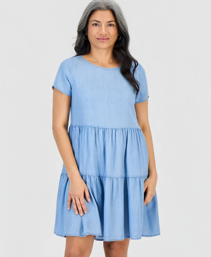 Style & Co Petite Chambray Knit Tiered Dress, Macy's Exclusive