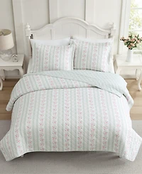 Laura Ashley Rosebud Stripe Reversible 3-Pc. Quilt Set, King