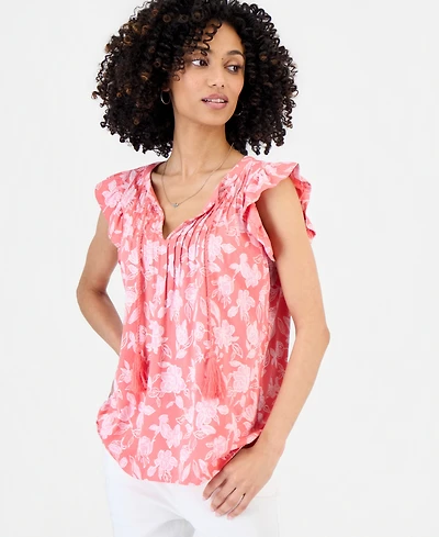 Style & Co Petite Tie-Neck Pintuck-Front Ruffled Top, Macy's Exclusive