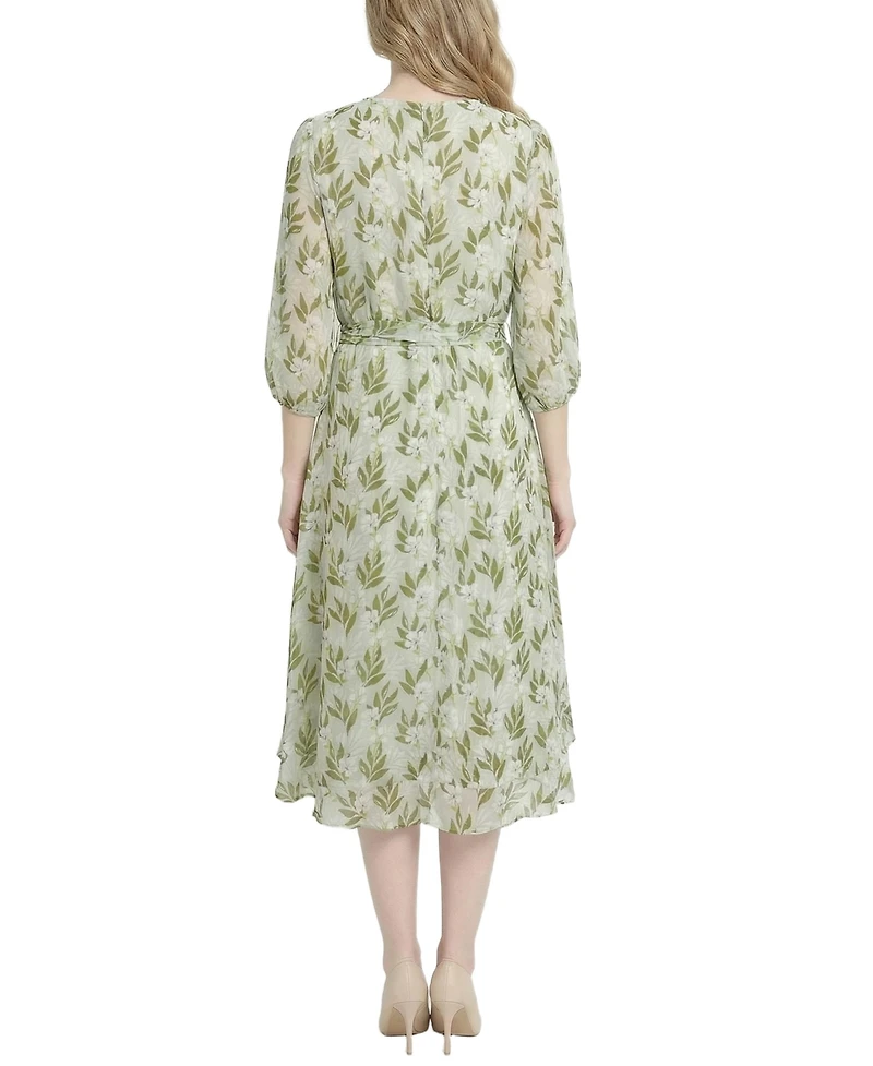 Ny Collection Women's V-Neck Belted Chiffon Dress