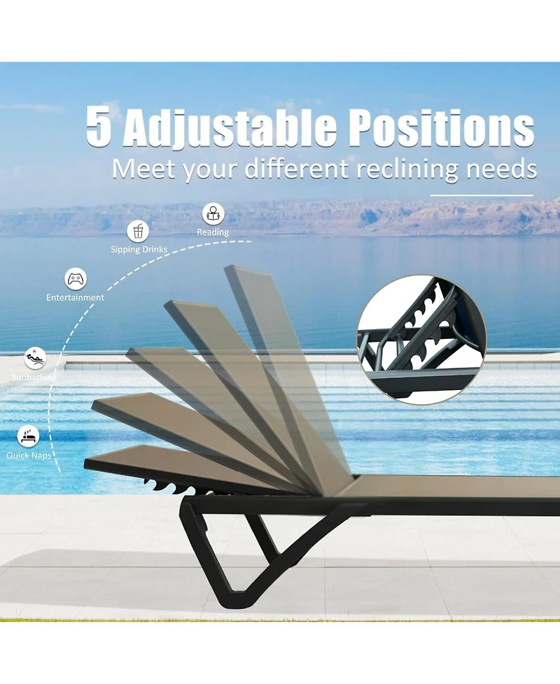 Clihome 2 Pcs Outdoor Lounge Chair, Aluminum Plastic Patio Chaise with 5 Position Adjustable Backrest and Wheels