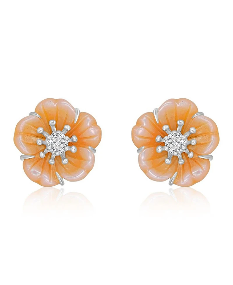 Macy's Diamond & Pink Imitation Pearl Flower Stud Earrings in Rhodium Over Sterling Silver