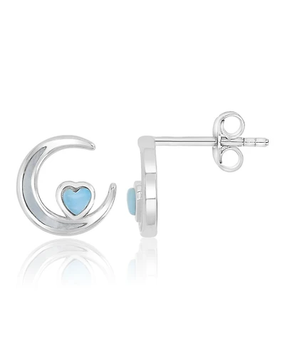 Macy's Larimar and Imitation Pearl Moon and Heart Stud Earrings in Rhodium Over Sterling Silver