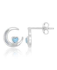 Macy's Larimar and Imitation Pearl Moon and Heart Stud Earrings in Rhodium Over Sterling Silver