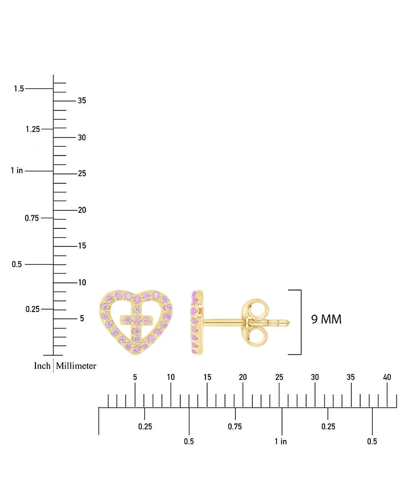 Macy's Pink Cubic Zirconia Heart and Cross Stud Earrings in 14k Yellow Gold Over Sterling Silver