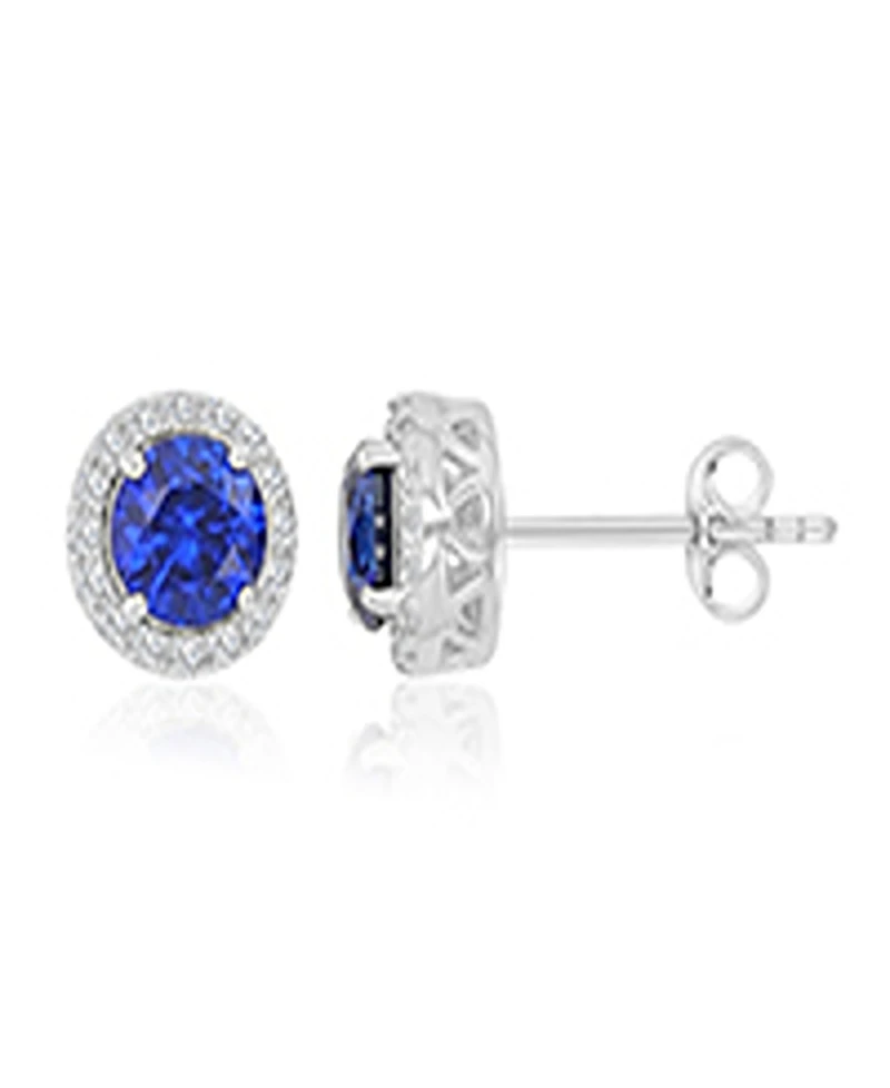 Macy's Created Blue Sapphire and White Sapphire Halo Stud Earrings in Rhodium Over Sterling Silver