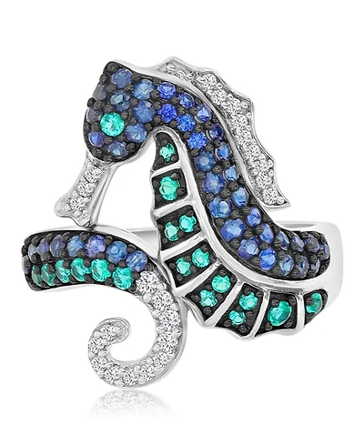 Macy's Created Emerald & Sapphire Seahorse Ring Black Rhodium Over Sterling Silver