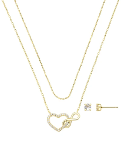 Unwritten Cubic Zirconia Infinity Heart Pendant Layered Necklace with Earring Set