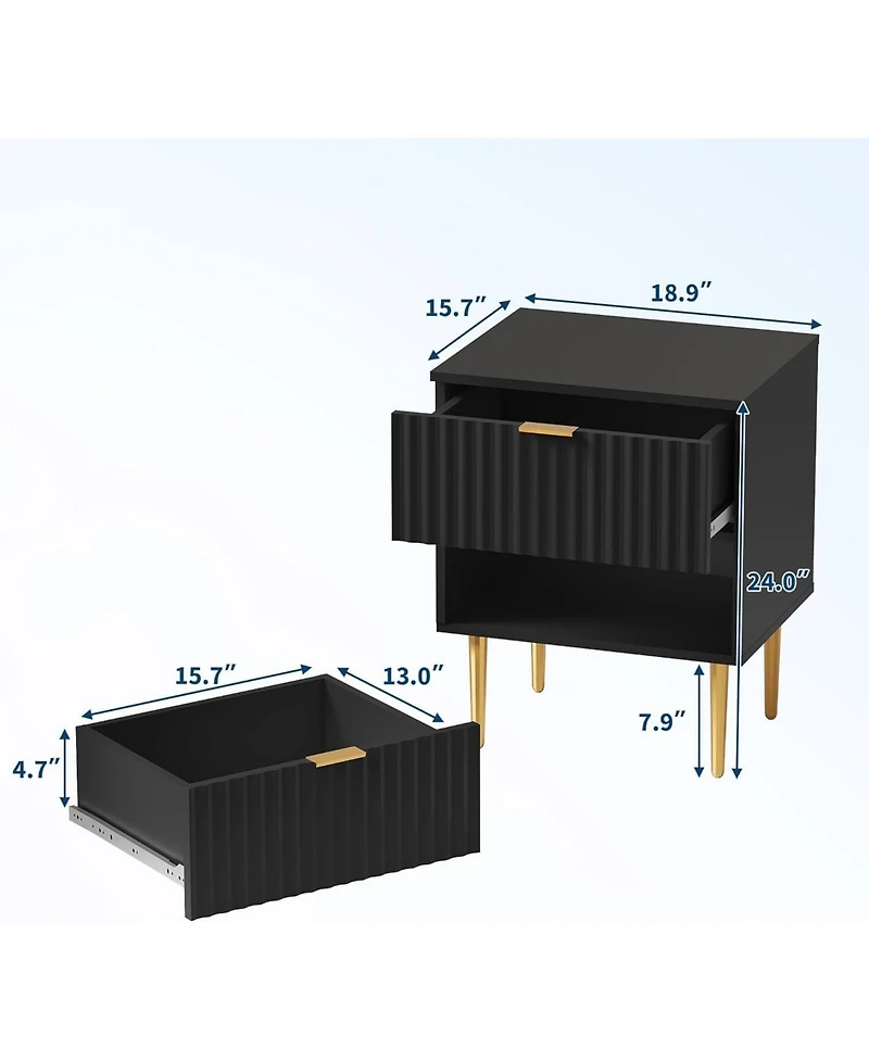 gaomon Mid-Century Nightstand Set of 1/2, Bedside Table with 2 Drawers & Metal Legs