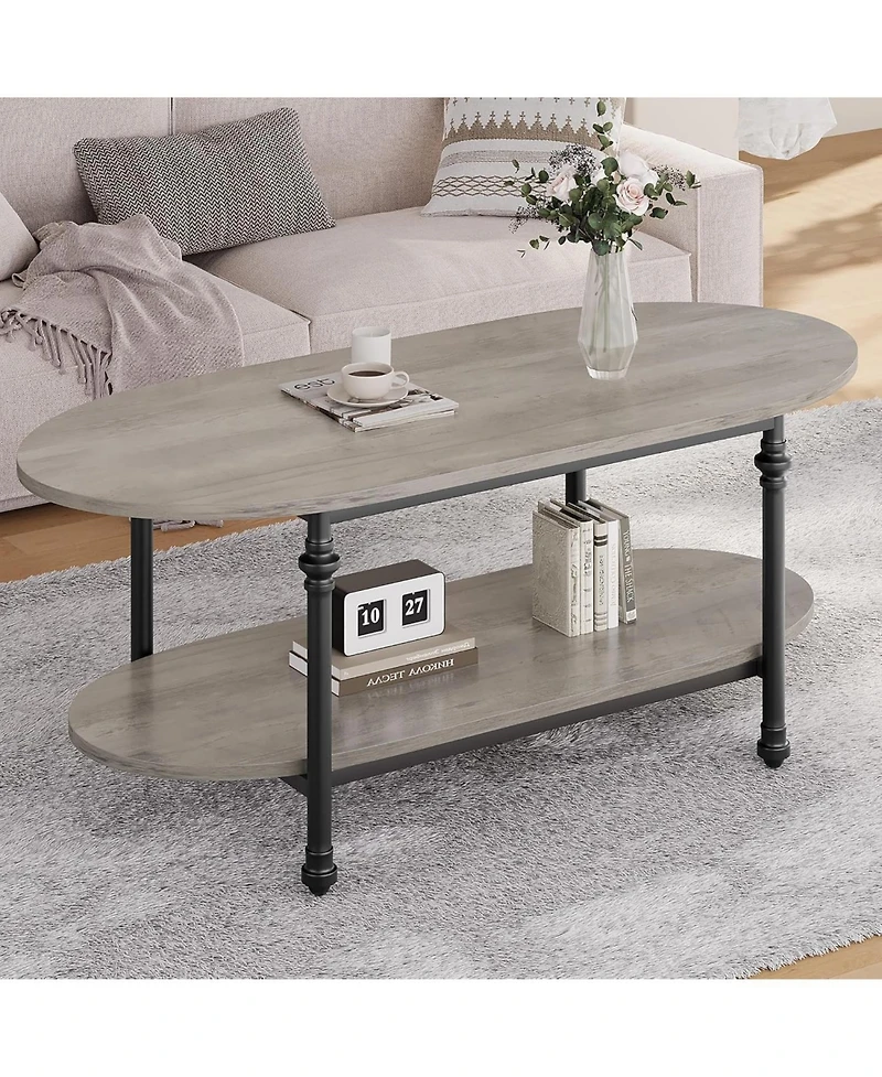 gaomon Farmhouse Oval Coffee Table, 2 Tier Center Table with Open Storage, Modern Industrial Tea Table