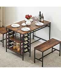 gaomon 4-Piece Dining Table Set with 2 Benches, Wine Rack & Storage Shelf, Kitchen Dining Room Table for Small Spaces