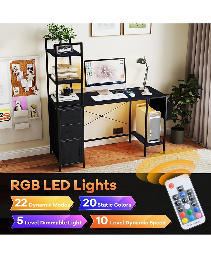 Mecale Computer Desk with Led Lights and Power Outlets, Open Shelves Home Office Desk