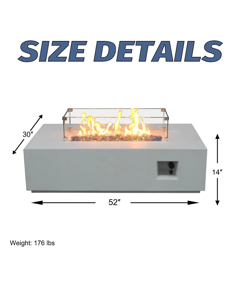 Flynama 52 Inch Outdoor Rectangle Concrete Propane Fire Pit Table Antique White Glass Fiber Reinforced Gfrc Adjustable Flame