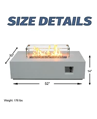 Flynama 52 Inch Outdoor Rectangle Concrete Propane Fire Pit Table Antique White Glass Fiber Reinforced Gfrc Adjustable Flame