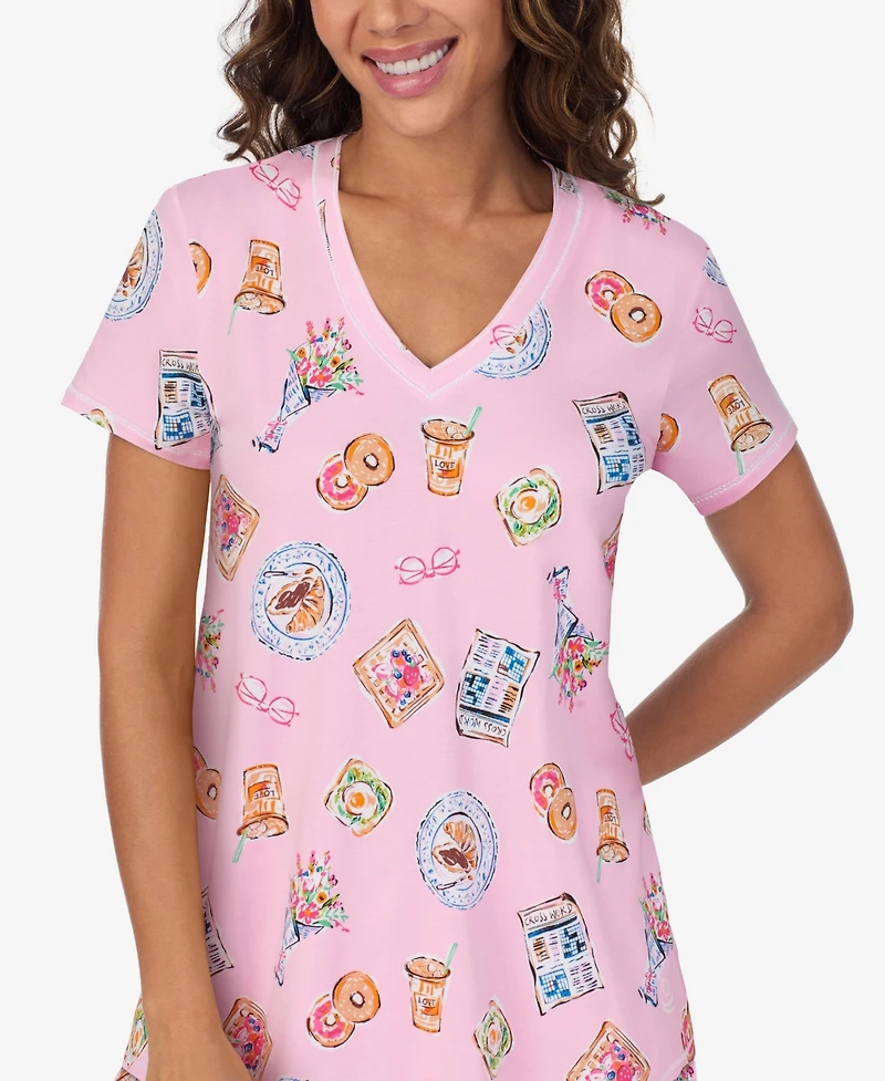 Cuddl Duds Women's Short-Sleeve V-Neck Top and Boxer Jersey, 2-Piece Pajama Set