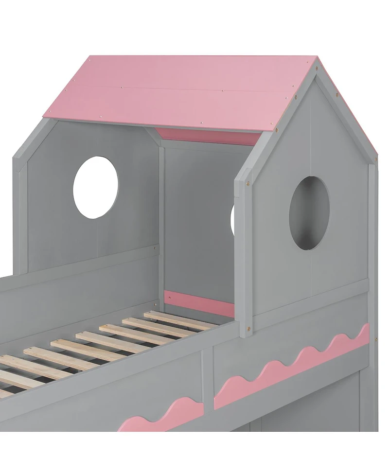 Streamdale Furniture Bed House and Drawer, Staircase, Led, Twin Over Twin