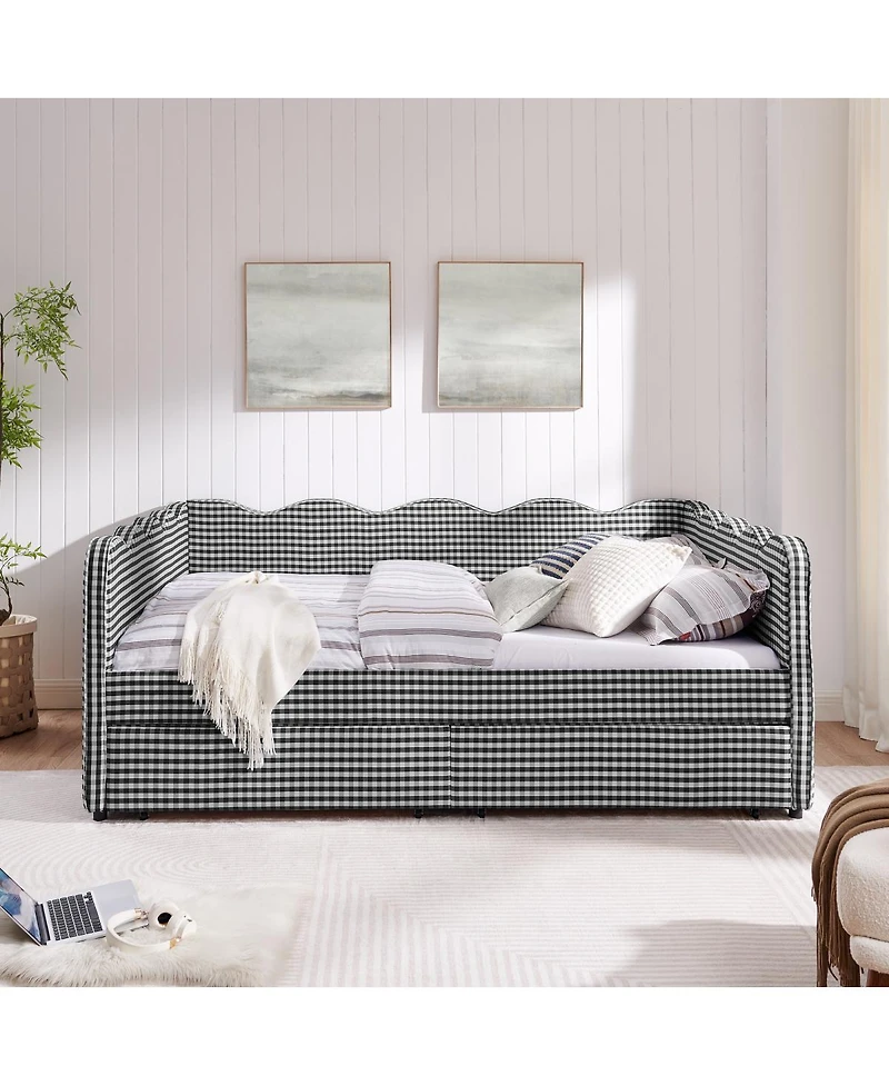 Streamdale Furniture 2 Drawers, Usb Port & Wave Shape Gingham Daybed, Queen Size