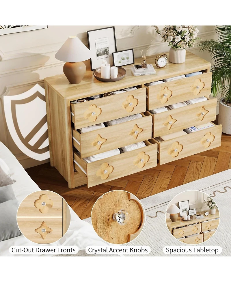 gaomon 6 Drawer Dresser for Bedroom, Wide Dresser, Boho Chest of Drawers, Wooden Chest with Clothes Storage Cabinet, Decorative Drawer Front Organizer