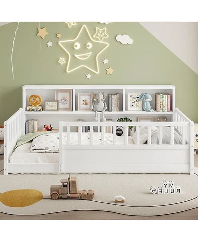 Streamdale Furniture Wooden Fence Guardrail and Storage Floor Bed, Twin Size