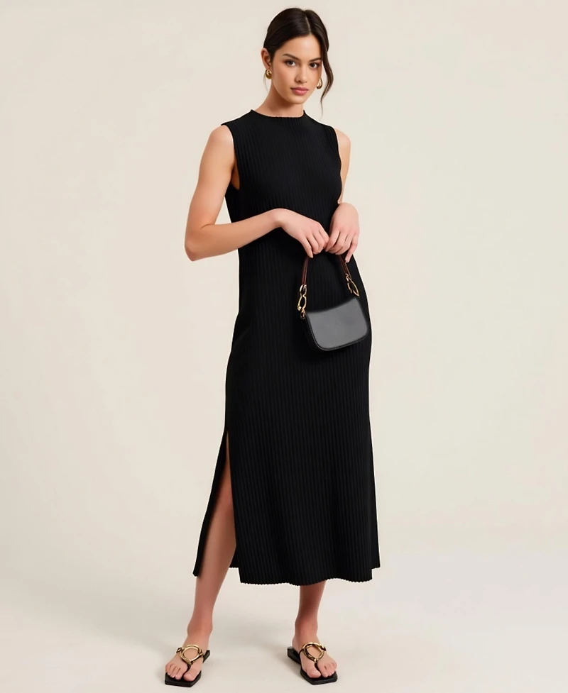 Modenaire Women's Sleeveless Ribbed Knit Crewneck Side Slit Midi Dress