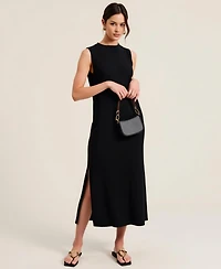 Modenaire Women's Sleeveless Ribbed Knit Crewneck Side Slit Midi Dress