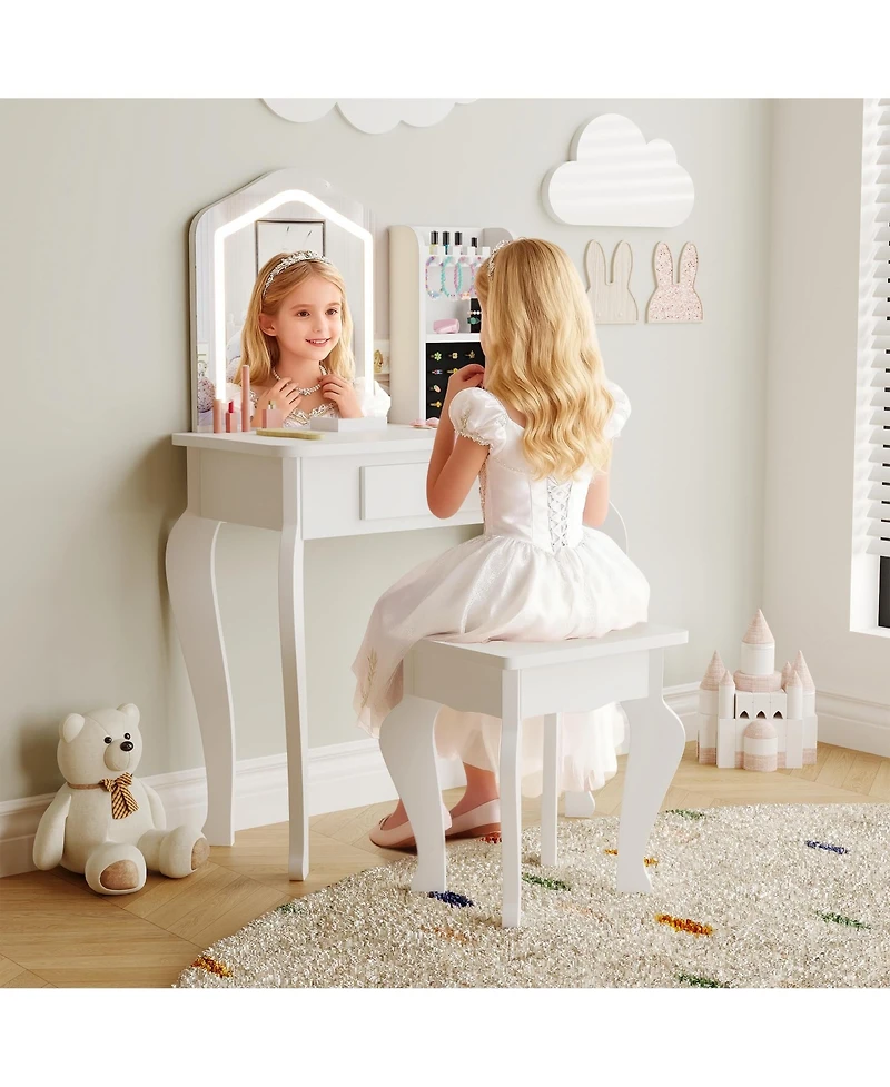 gaomon Kids Vanity with Lighted Mirror, Little Girl Vanity and Stool, Toddler Makeup Table Set and Makeup Playset for 3-8 Girls
