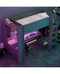 Flynama Twin Size Gaming Loft Bed Built In Desk Charging Station Storage Shelves Led Lighting Space Saving Kids Teens Furniture