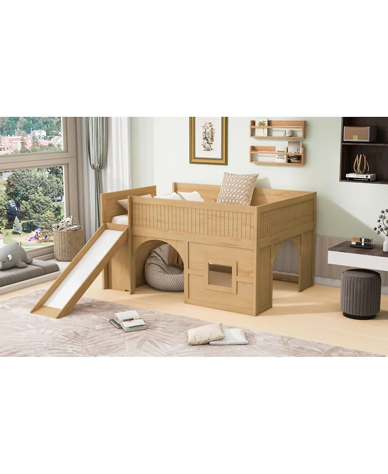 Streamdale Furniture Streamdale Full Size Wooden Low Loft Bed with Storage, Slide, Door & Window