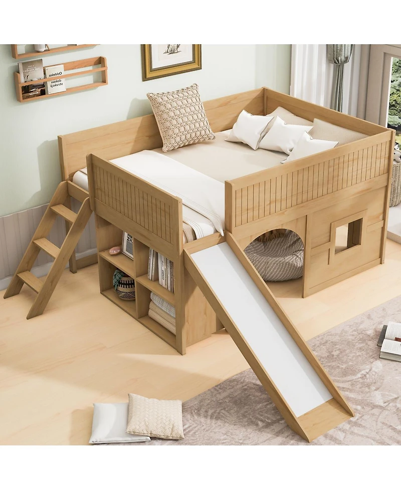 Streamdale Furniture Streamdale Full Size Wooden Low Loft Bed with Storage, Slide, Door & Window