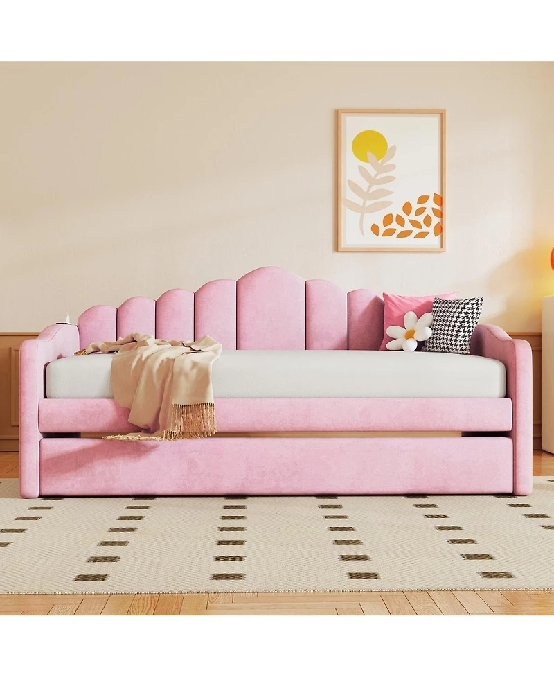 Streamdale Furniture Twin Velvet Daybed with Trundle & Usb Charging