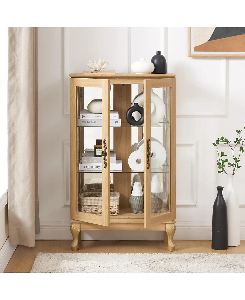 Streamdale Furniture Elegant Light Oak Curio Cabinet with Glass Doors, Led