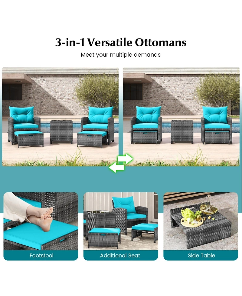 Gymax 5 Piece Patio Rattan Furniture w/ 2 Ottomans & Tempered Glass Coffee Table Outdoor