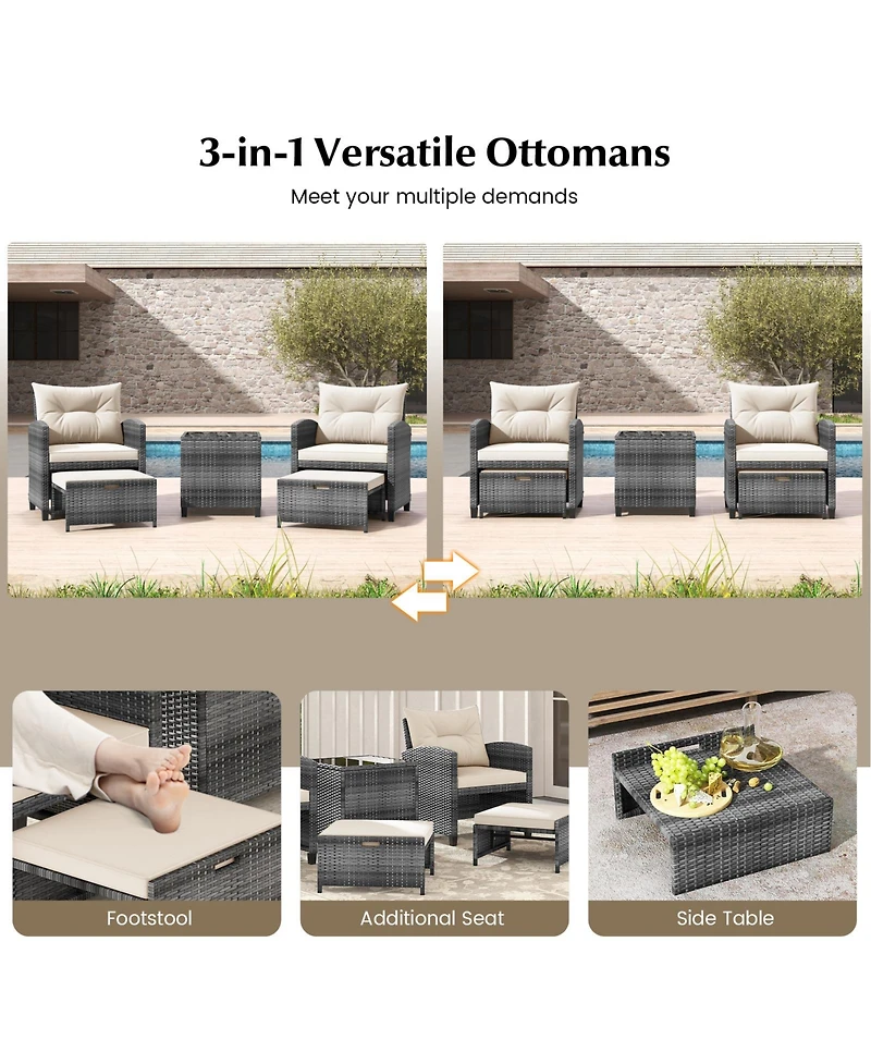 Gymax 5 Piece Patio Rattan Furniture w/ 2 Ottomans and Tempered Glass Coffee Table Outdoor