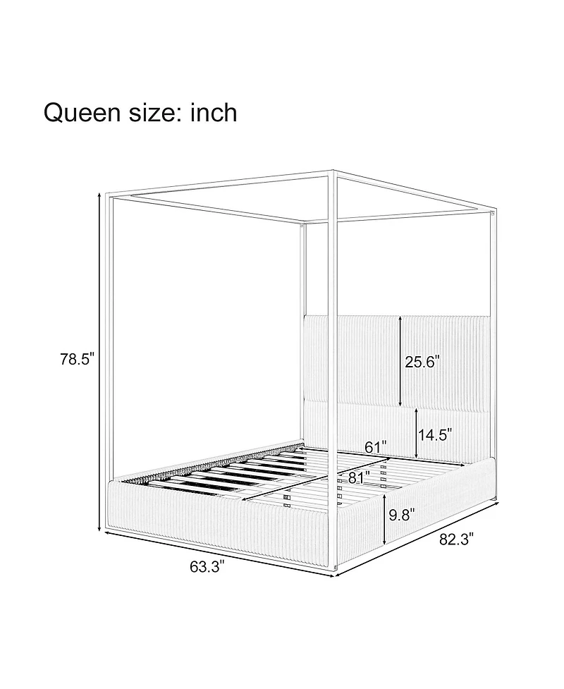 Streamdale Furniture Modern Luxury Metal Canopy Bed with Corduroy Headboard