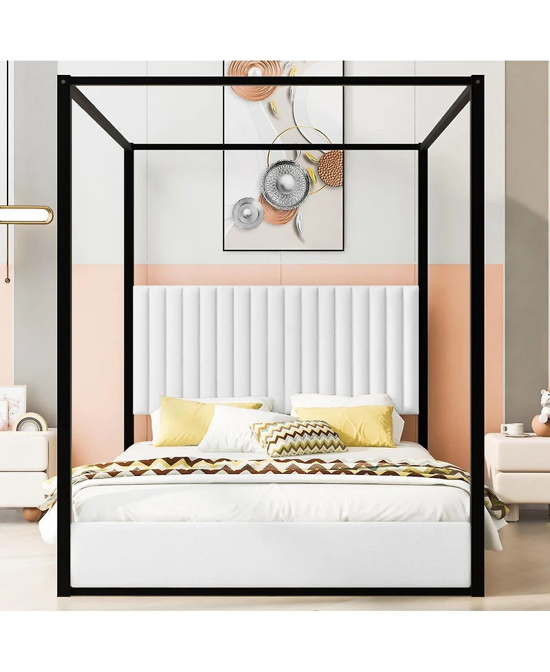 Streamdale Furniture Queen Size Upholstery Canopy Platform Bed with Headboard and Metal Frame