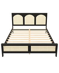 Streamdale Furniture King Size Wood Platform Bed with Rattan Headboard